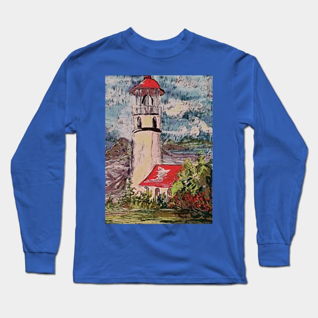Lighthouse over Turbulent Waters Long Sleeve T-Shirt by EloiseART